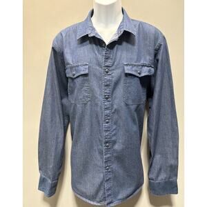 American Rag Men's Chambray Shirt XL Blue Denim Pockets Pearl Snaps Western